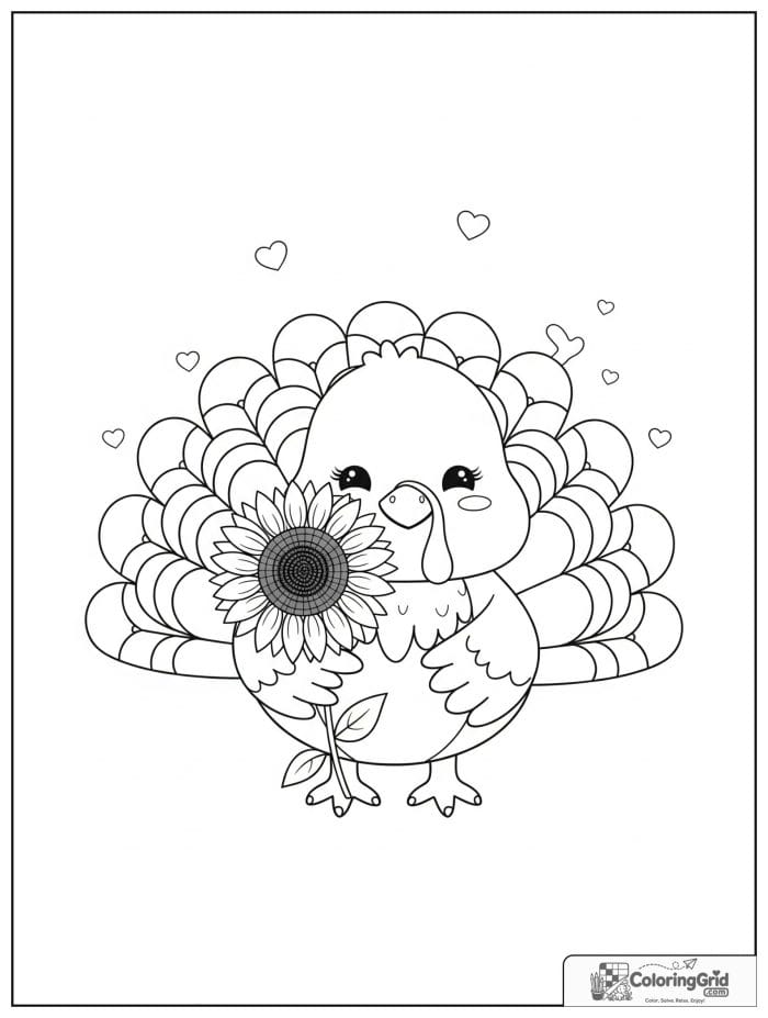 Smiling turkey holding a big sunflower.