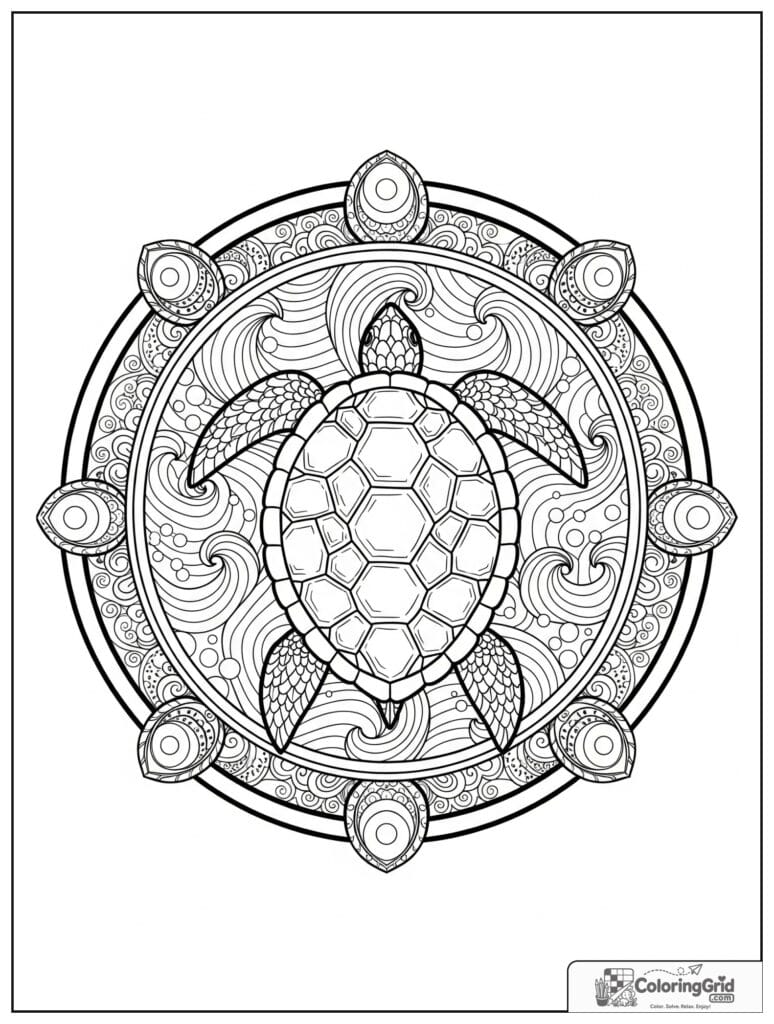 Turtle shell sacred geometry mandala with zentangle sea doodles