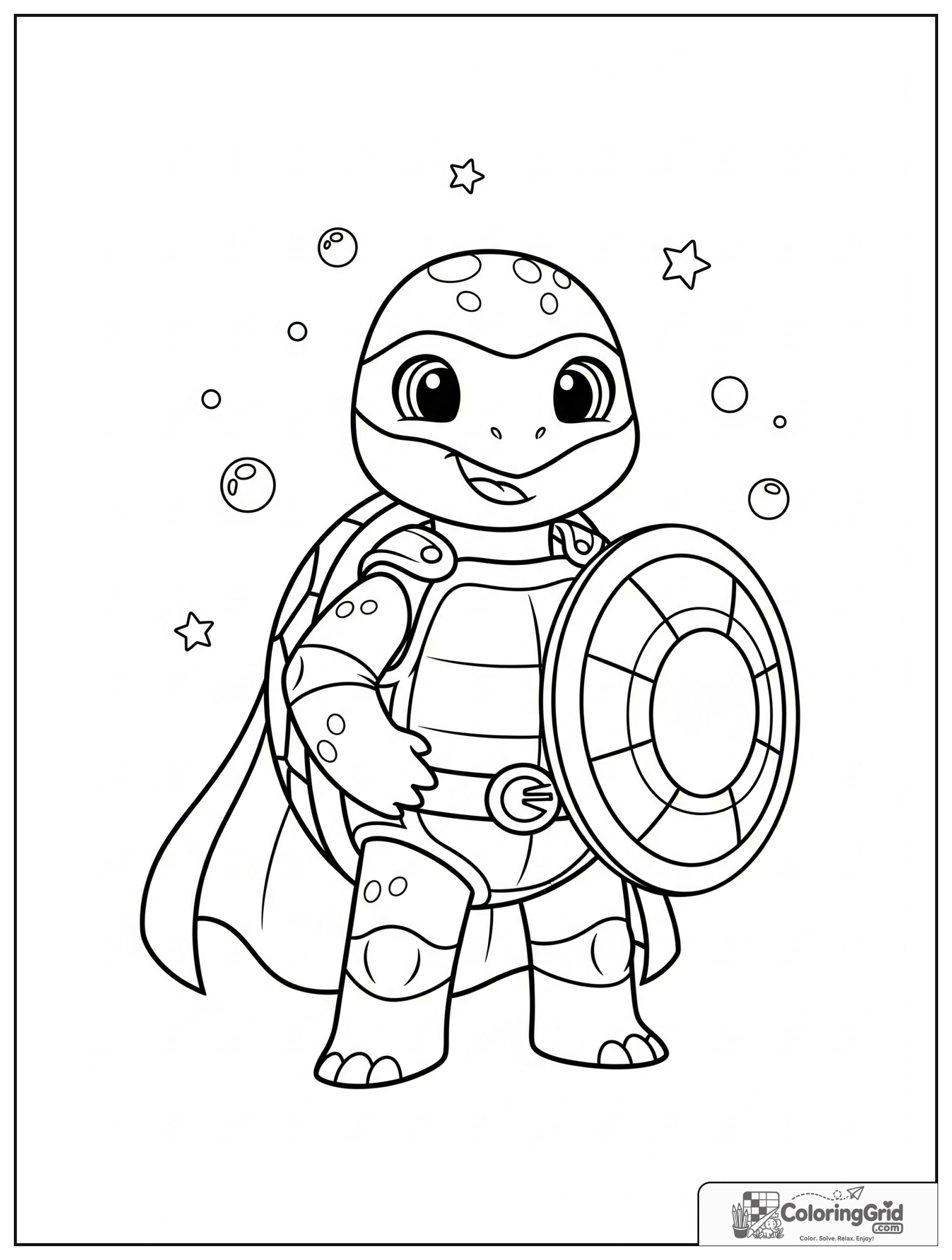 Cute turtle superhero with a shell shield and small bubble details in the background.