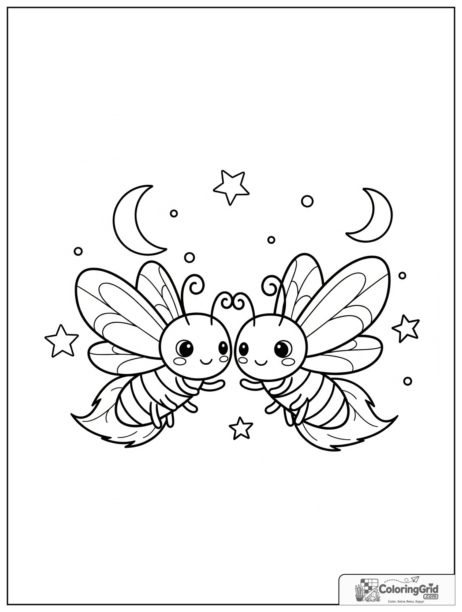 Two cute fireflies with small moon and star decorations.