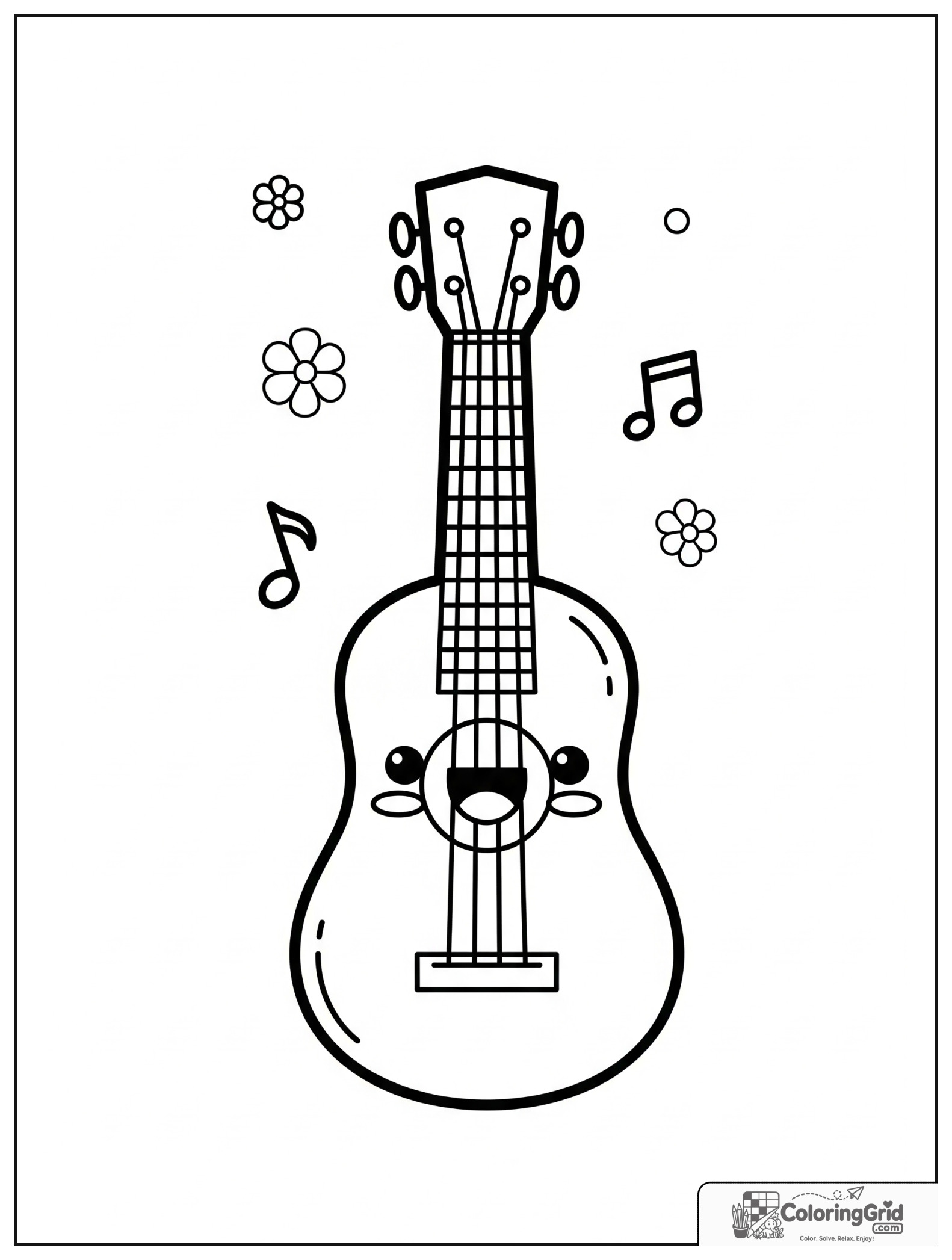 Cute smiling ukulele with small flower and music note decorations.