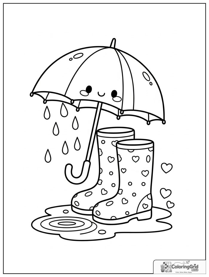 Weather Coloring Pages for Seasons featuring an umbrella, boots, and raindrops.