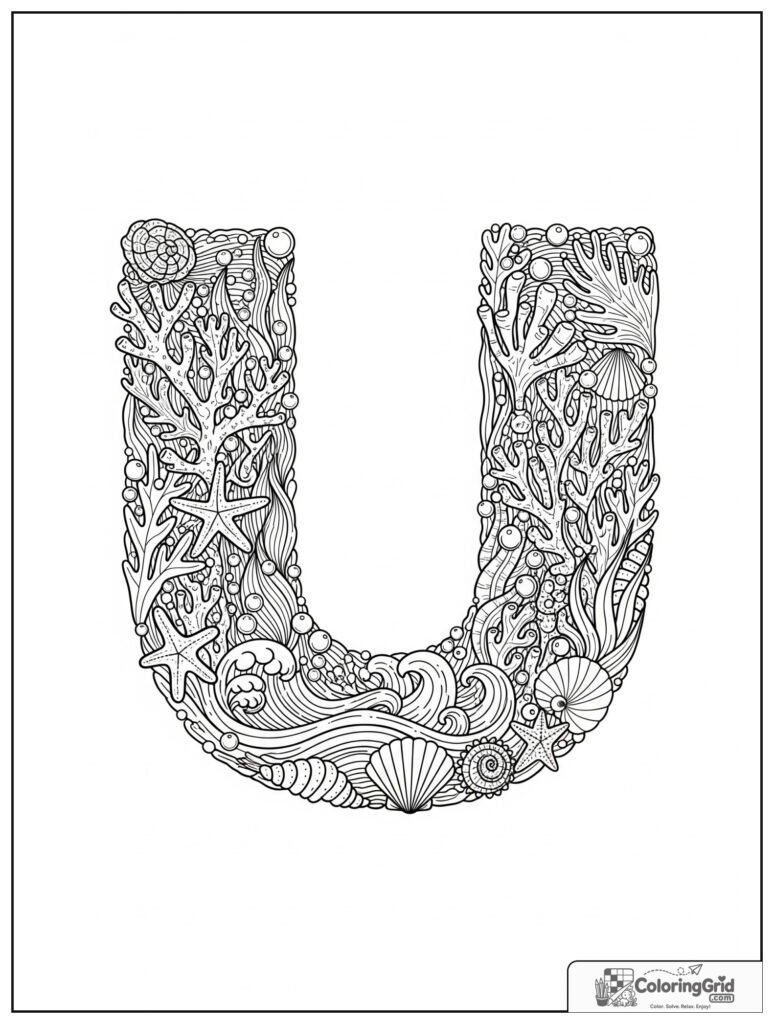Underwater letter U adult alphabet coloring design with coral pattern