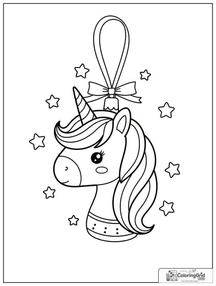 Unicorn Christmas ornament with small horn and stars.