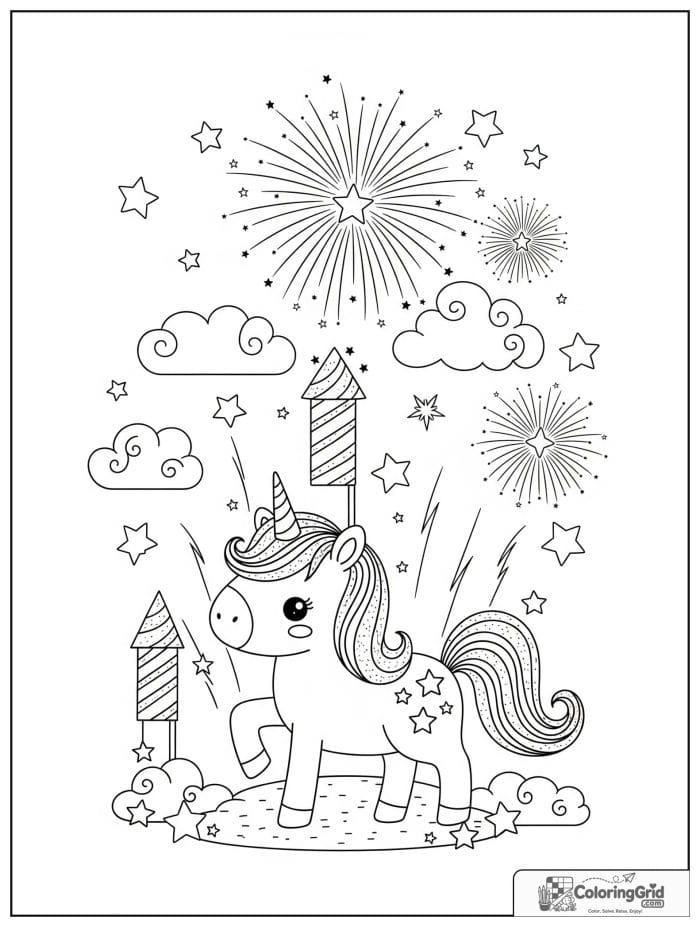 Cute unicorn under a magical fireworks sky.