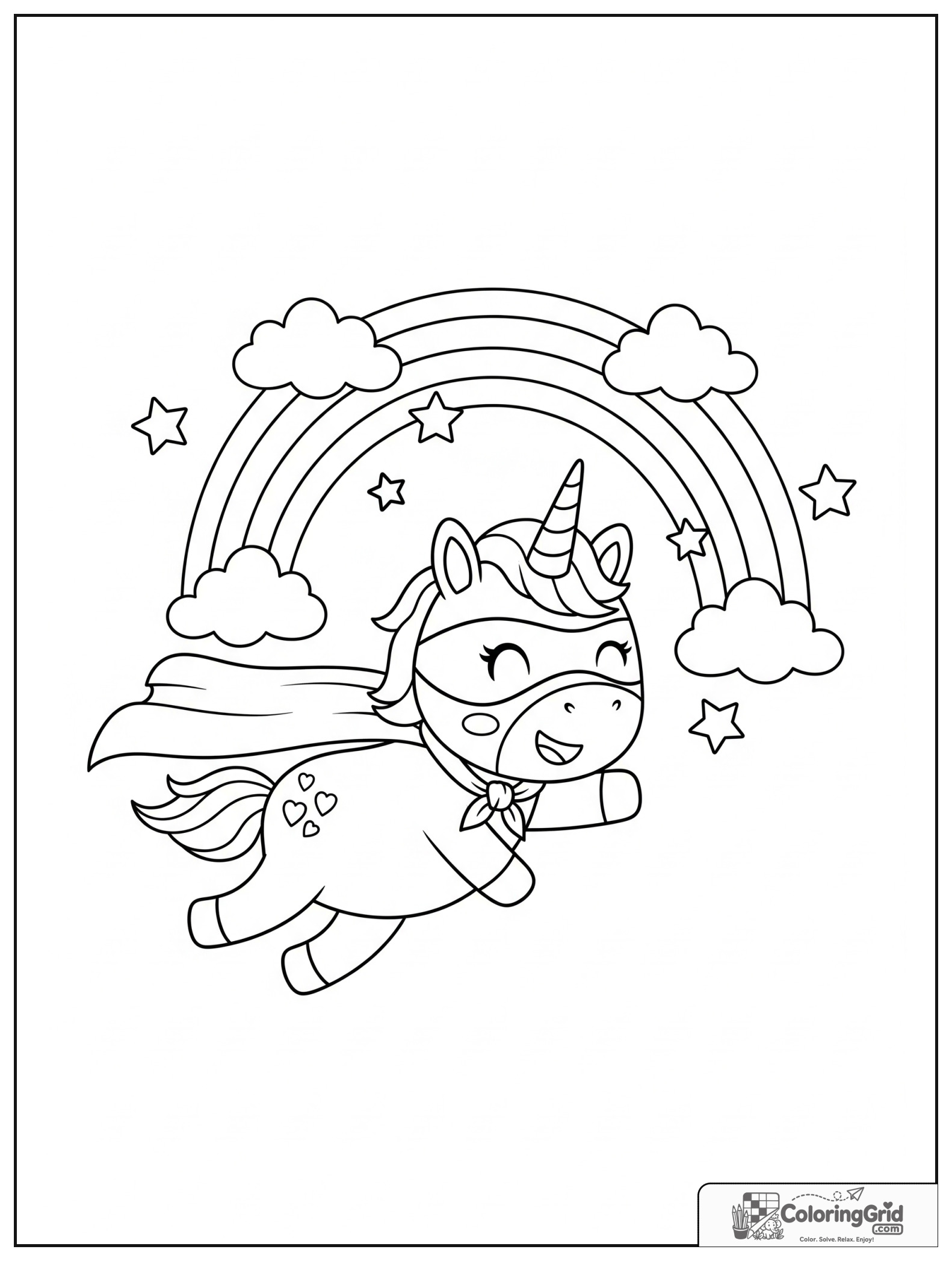 Cute unicorn superhero with a rainbow and small cloud details in the background.