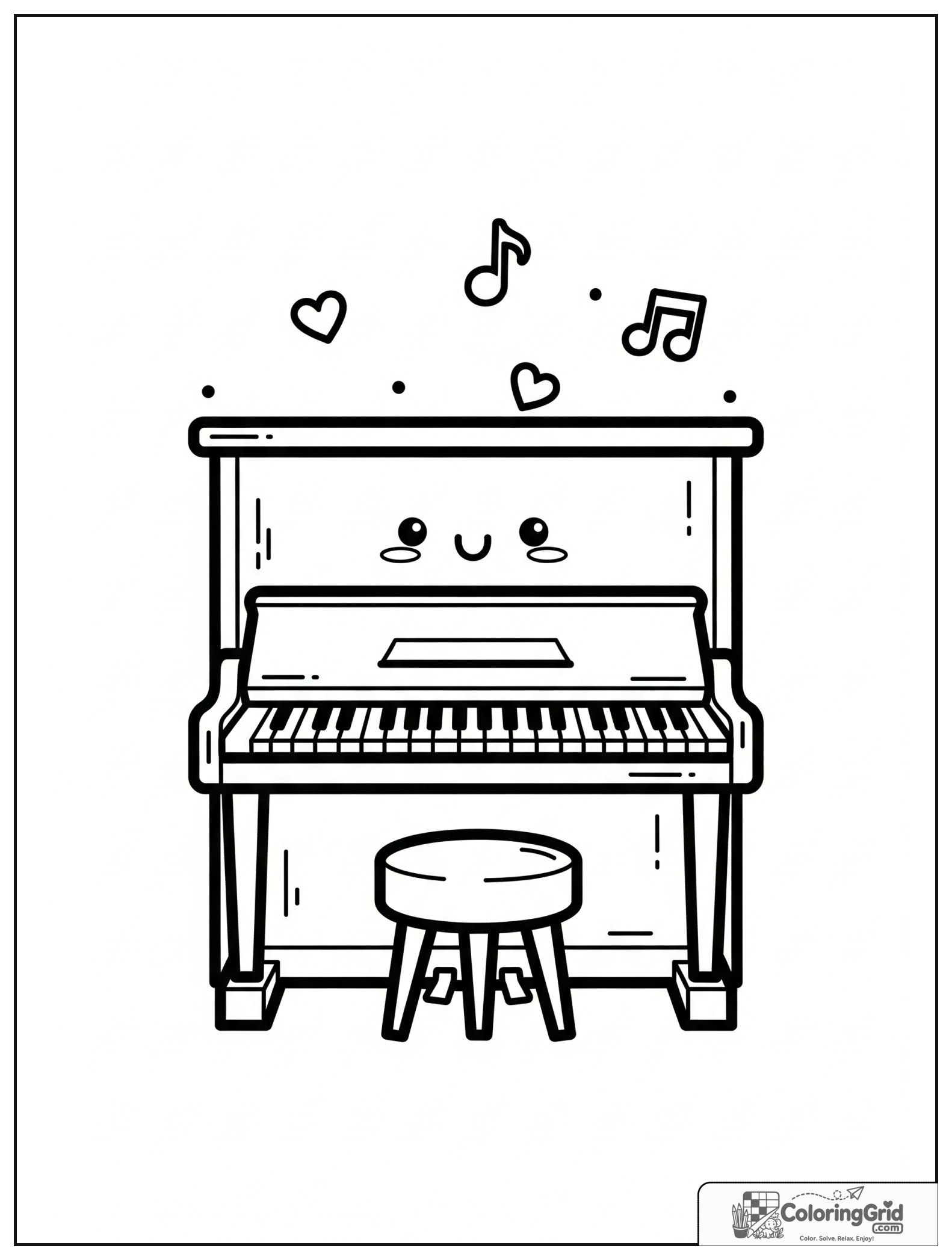 Cute smiling upright piano with stool and small heart decorations.
