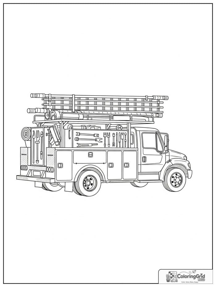 Truck coloring page featuring a utility repair truck with tools.