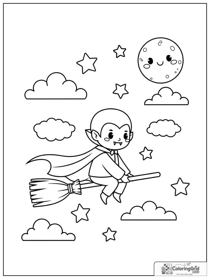 Vampire Coloring Pages featuring a vampire flying on a broom.