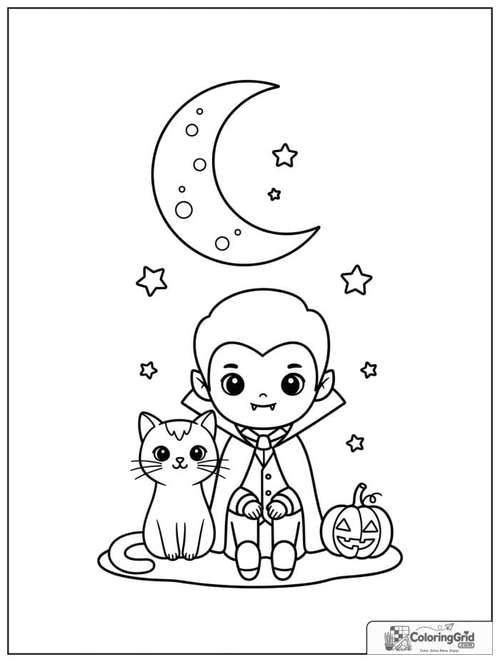 Vampire Coloring Pages showing a vampire and cat by the moon.