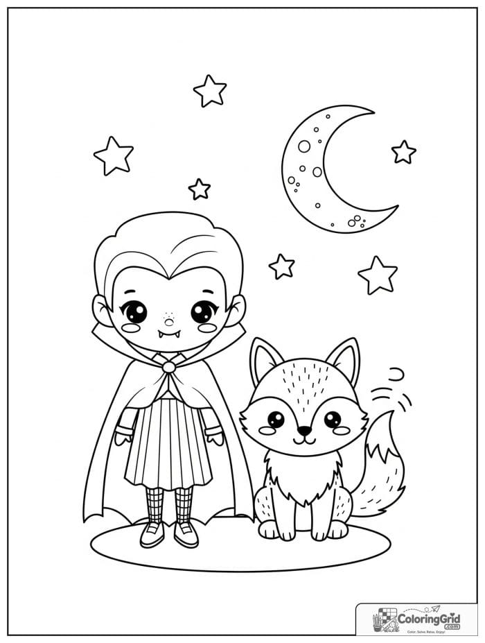Vampire Coloring Pages showing a vampire and a friendly wolf.