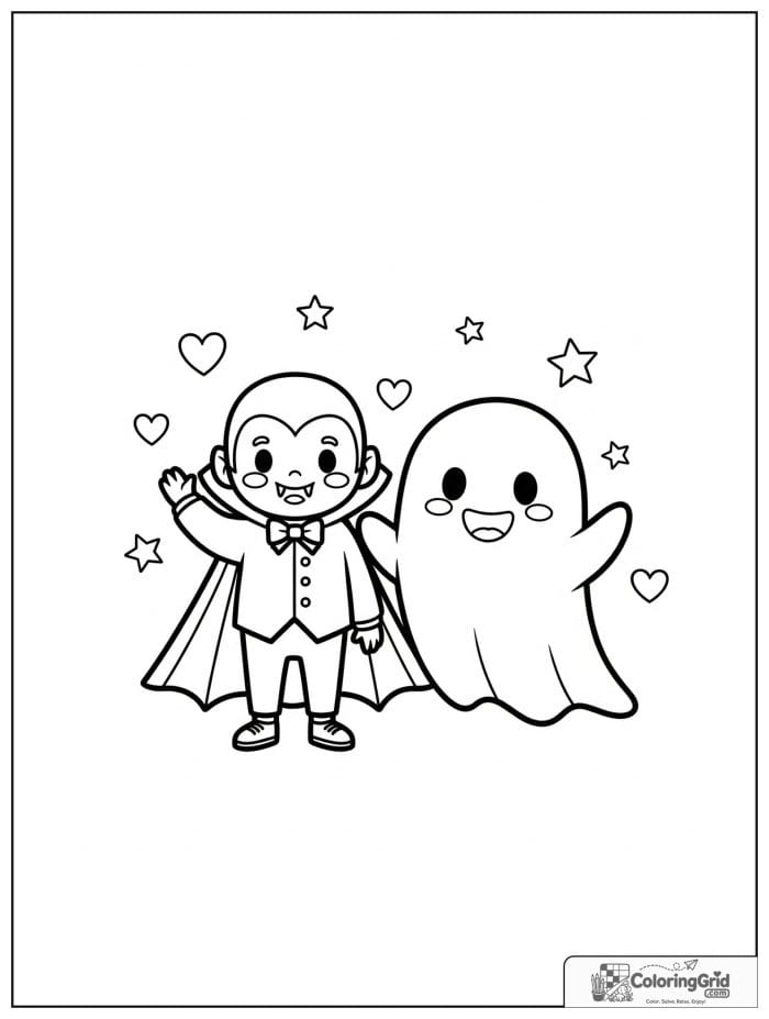 Vampire Coloring Pages featuring a vampire and ghost friends.