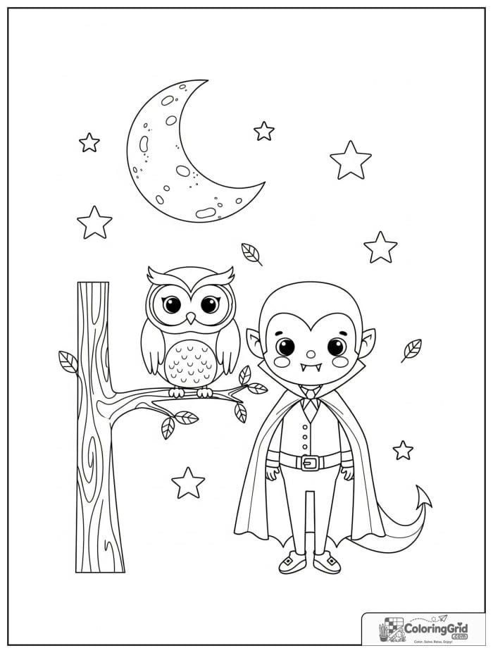 Vampire Coloring Pages showing a vampire and owl on a branch.
