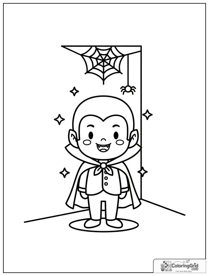 Vampire Coloring Pages showing a vampire by a spiderweb corner.