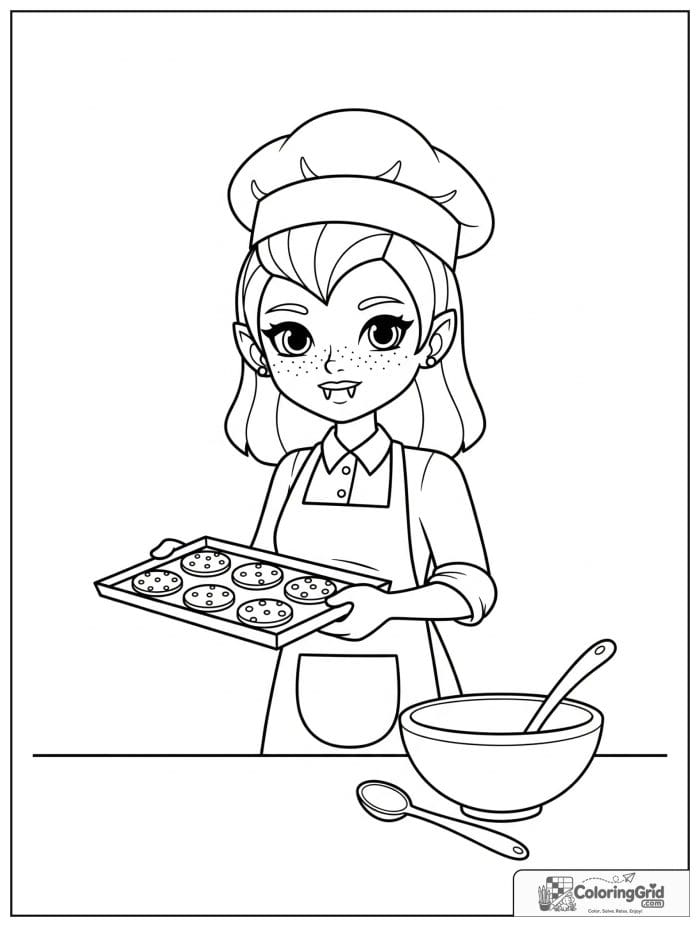 Vampire Coloring Pages featuring a vampire baker with cookies.