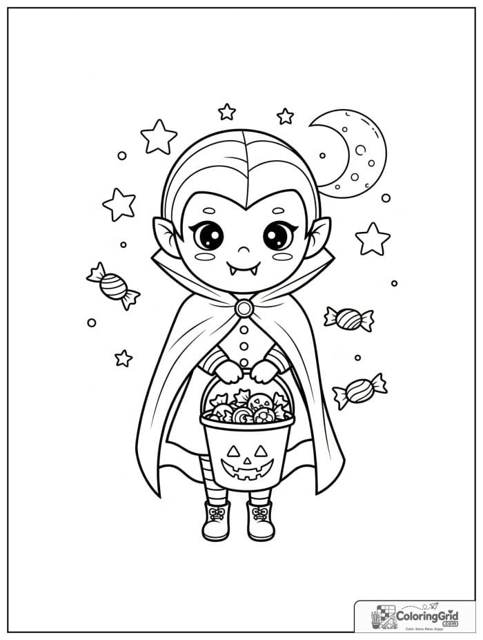 Vampire Coloring Pages showing a vampire carrying a candy bucket.