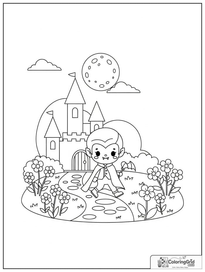 Vampire Coloring Pages featuring a vampire walking in a castle garden.