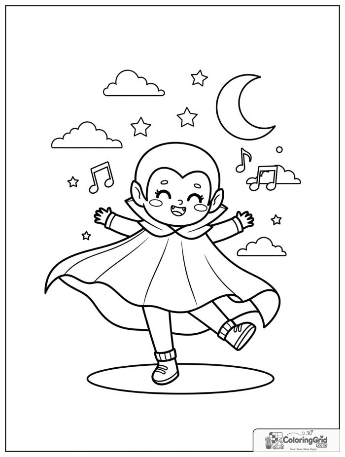 Vampire Coloring Pages featuring a vampire dancing under stars.