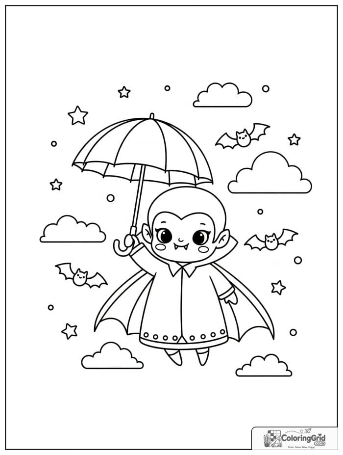 Vampire Coloring Pages featuring a vampire flying with an umbrella.