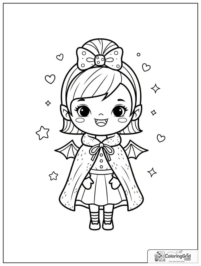 Vampire Coloring Pages featuring a vampire girl with a bow and cape.
