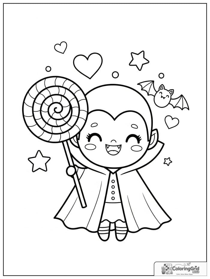 Vampire Coloring Pages featuring a vampire holding a lollipop.