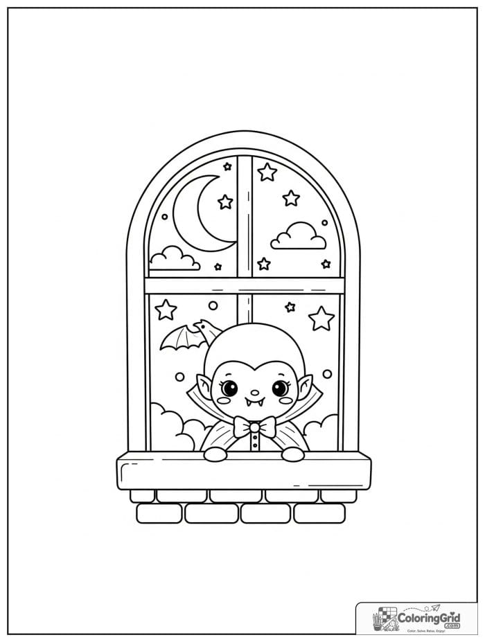Vampire Coloring Pages featuring a vampire in a castle window.