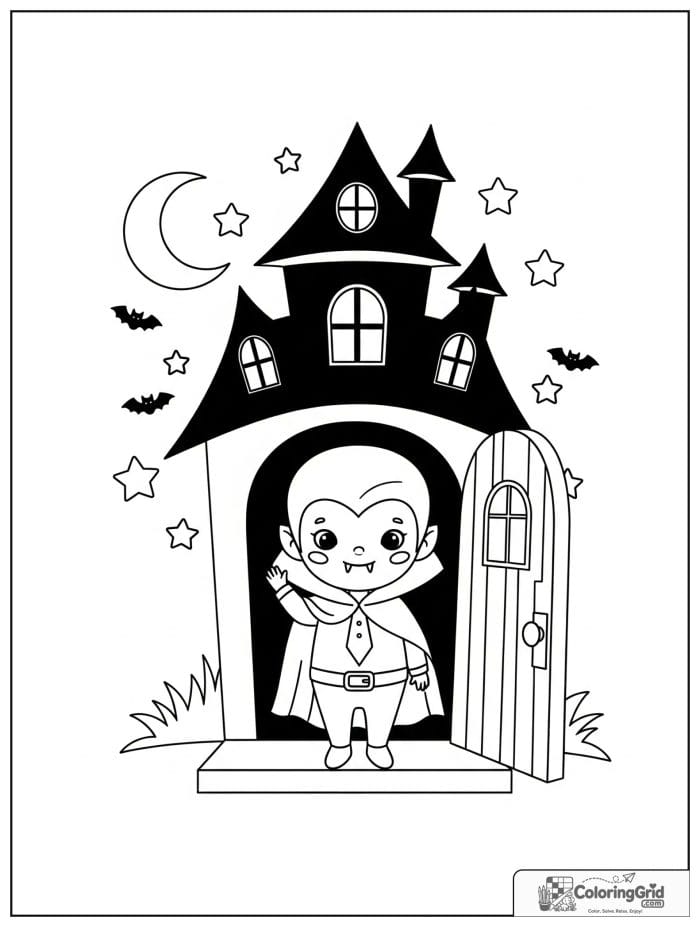 Vampire Coloring Pages showing a vampire in a haunted house doorway.