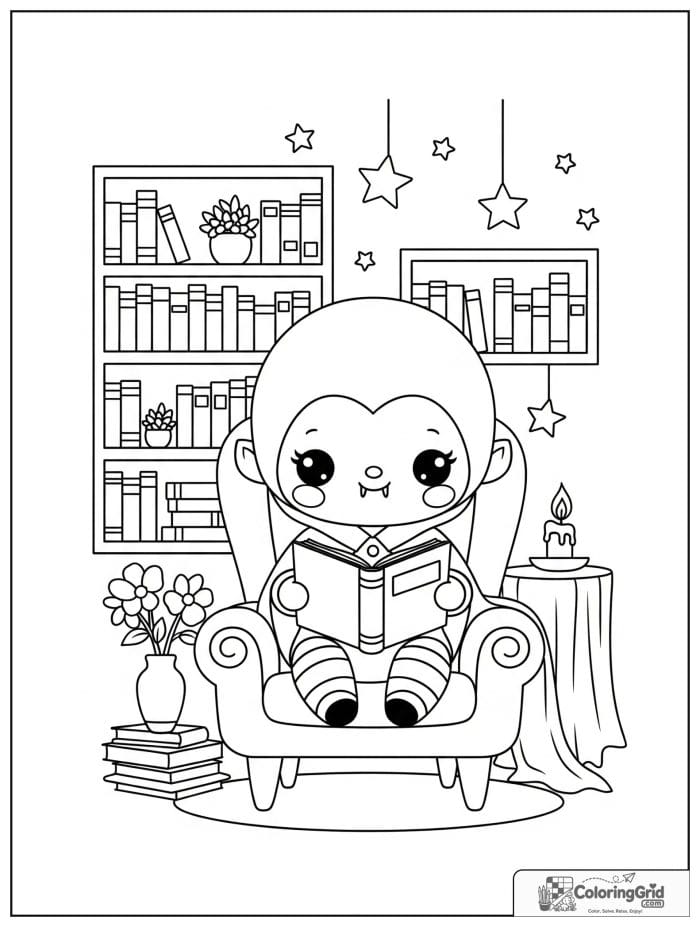 Vampire Coloring Pages showing a vampire in a library chair.