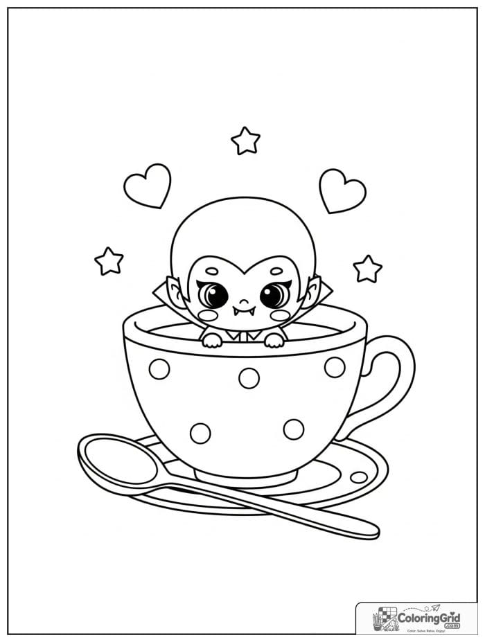 Vampire Coloring Pages showing a tiny vampire in a teacup.