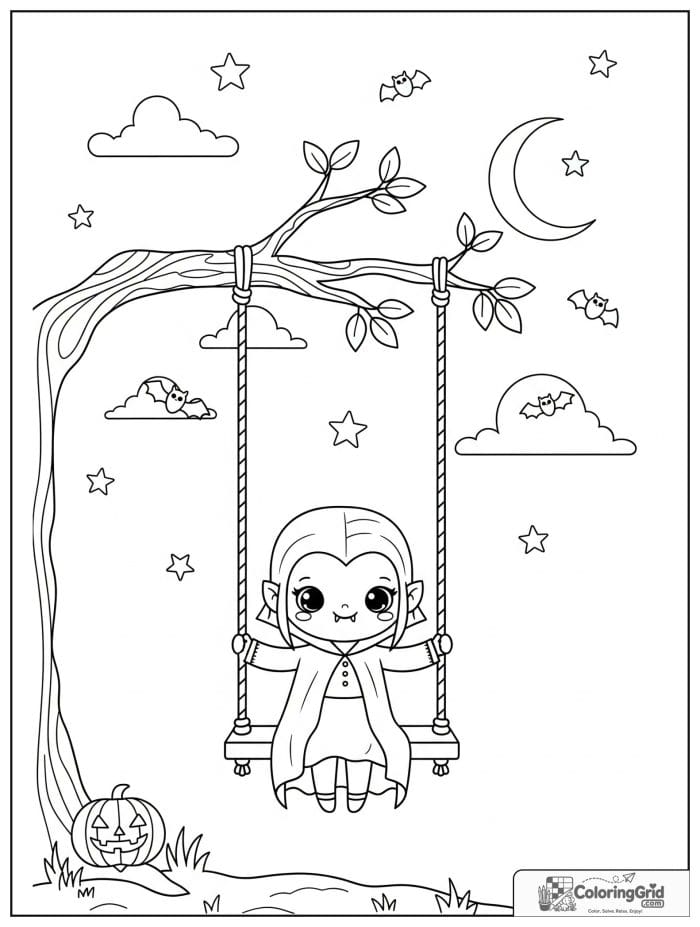 Vampire Coloring Pages showing a vampire on a swing under the moon.