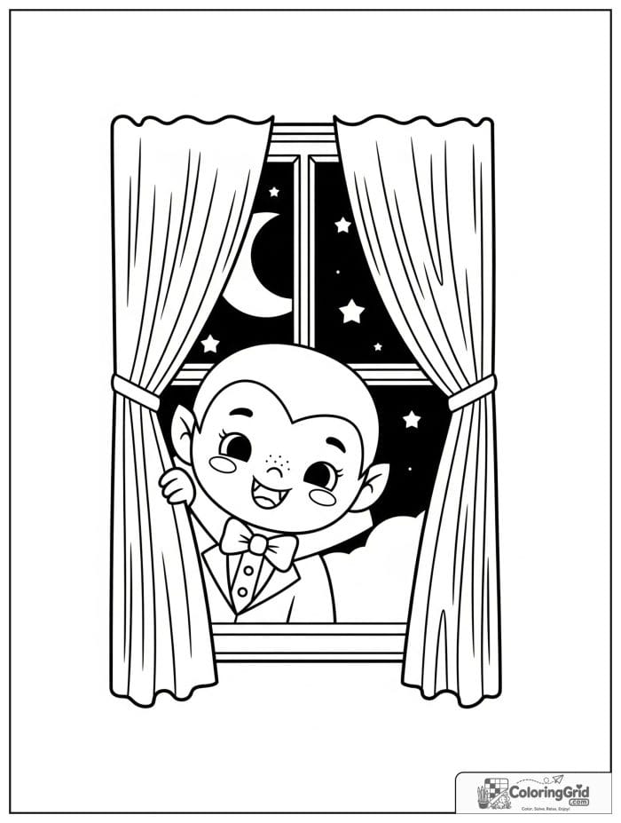 Vampire Coloring Pages featuring a vampire peeking from curtains.