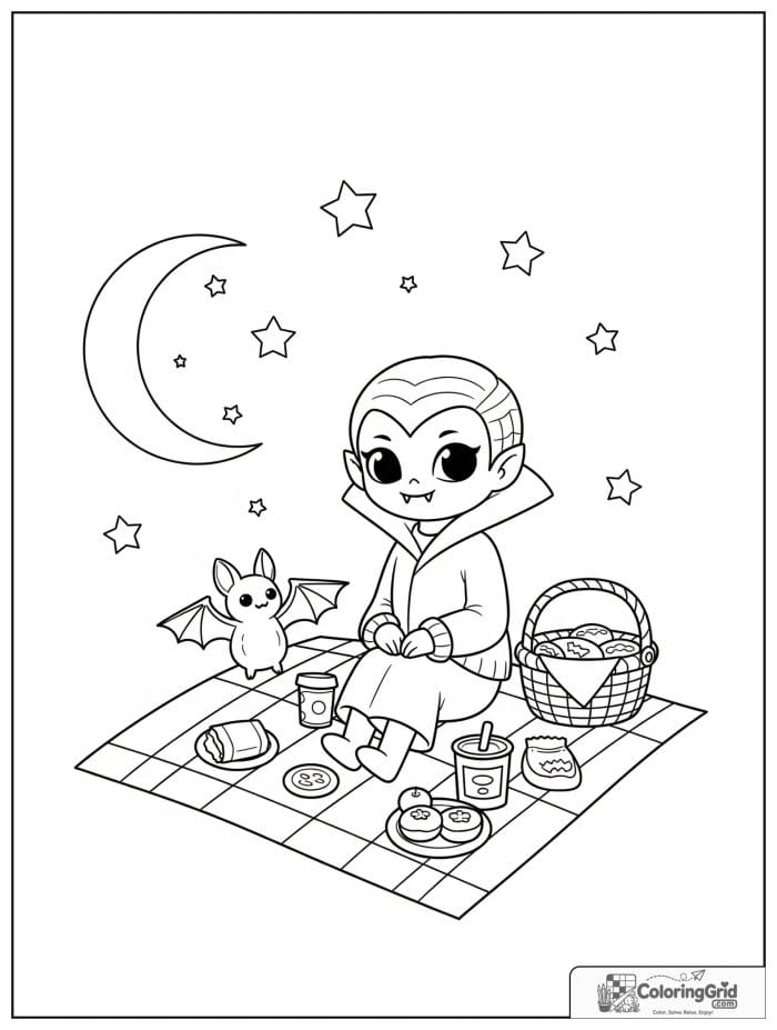 Vampire Coloring Pages showing a vampire picnic with a bat.