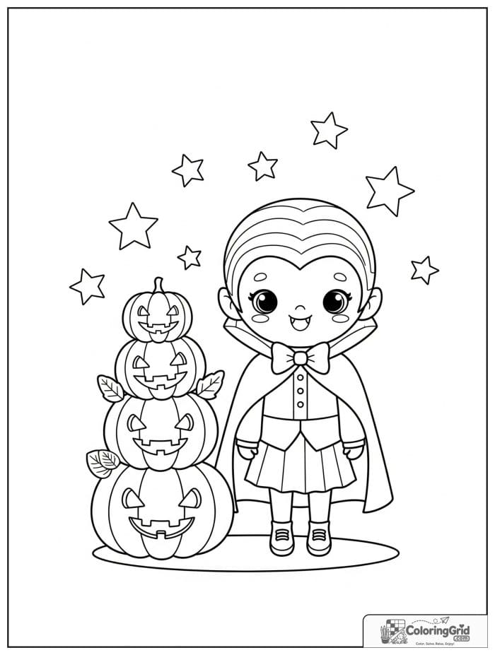 Vampire Coloring Pages featuring a vampire with a pumpkin stack.