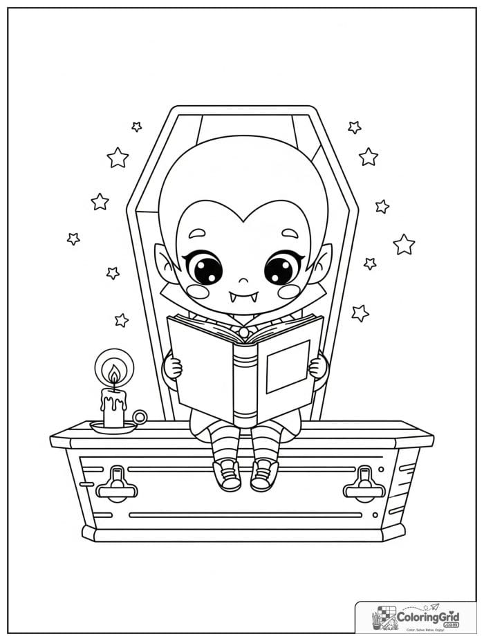 Vampire Coloring Pages featuring a vampire reading a book on a coffin seat.