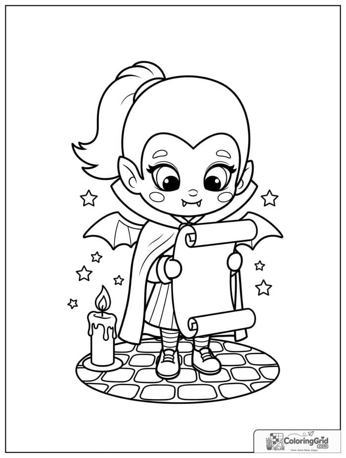 Vampire Coloring Pages featuring a vampire reading a scroll.