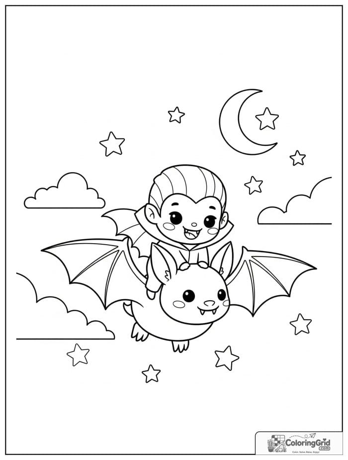 Vampire Coloring Pages featuring a vampire riding a friendly bat.