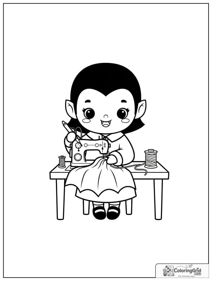 Vampire Coloring Pages showing a vampire sewing a cape.