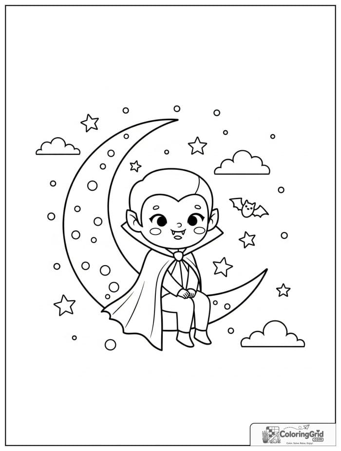 Vampire Coloring Pages showing a vampire sitting on the moon.