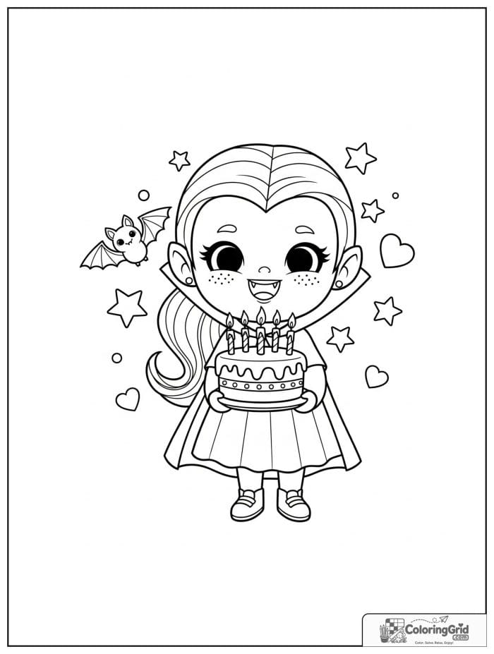 Vampire Coloring Pages featuring a vampire with a birthday cake.