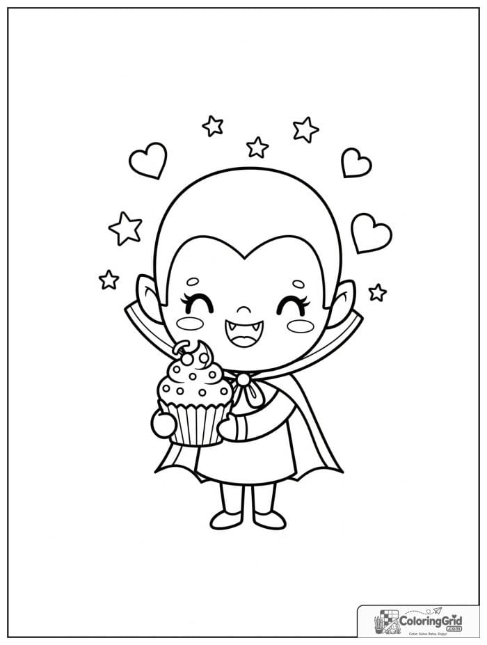 Vampire Coloring Pages showing a vampire with a cupcake.