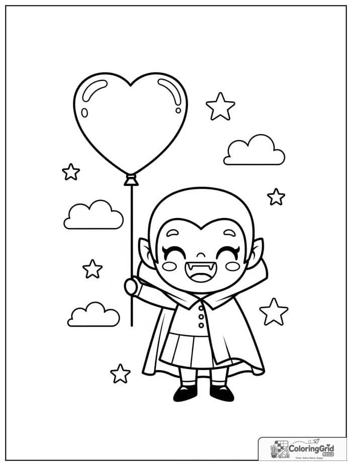 Vampire Coloring Pages showing a vampire with a heart balloon.