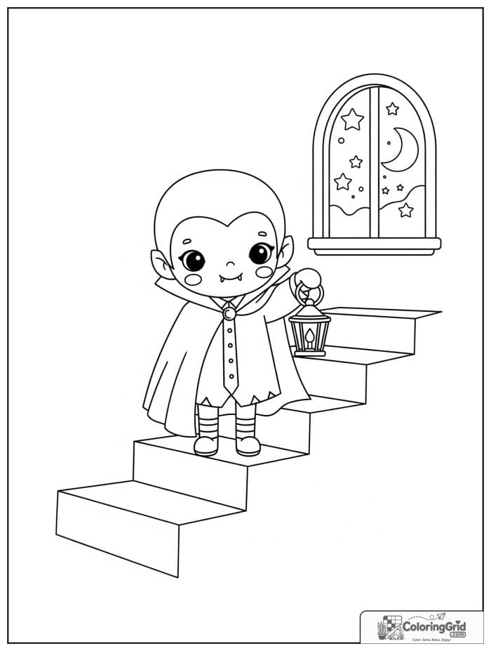 Vampire Coloring Pages showing a vampire with a lantern on stairs.