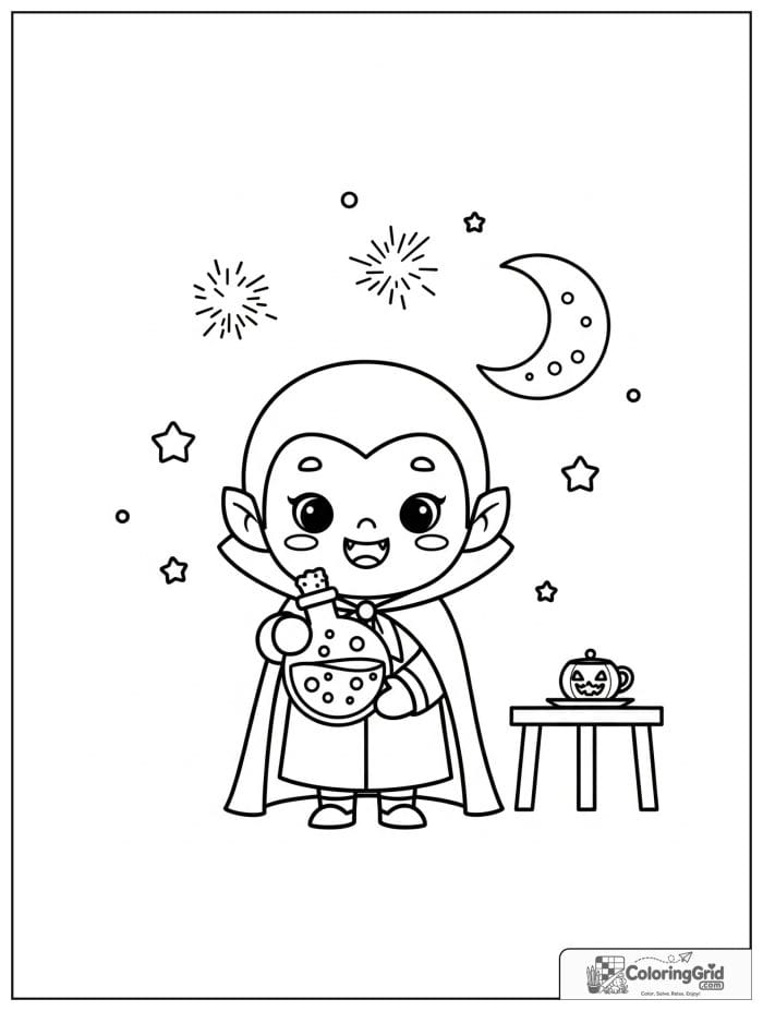 Vampire Coloring Pages featuring a vampire with a potion bottle.