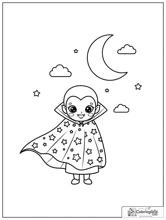 Vampire Coloring Pages showing a vampire with a starry cape.