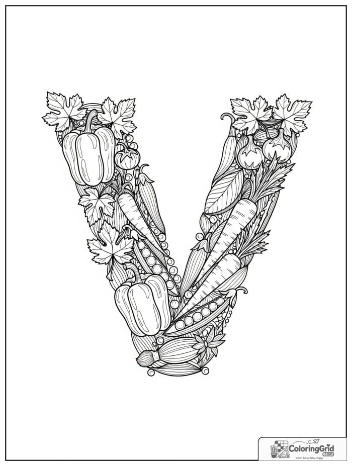 Vegetable coloring page featuring a decorative letter V made with vegetables.
