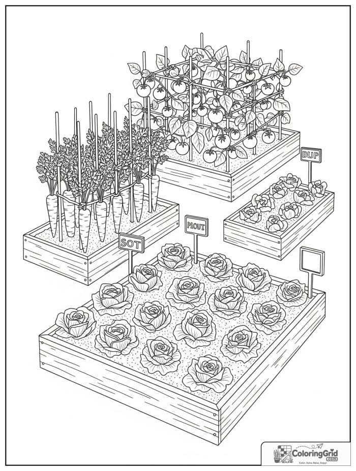 Garden coloring page featuring raised vegetable garden beds.