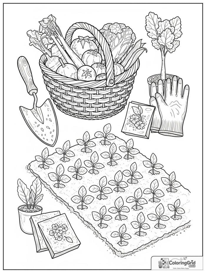 Vegetable coloring page featuring garden tools and freshly picked vegetables.