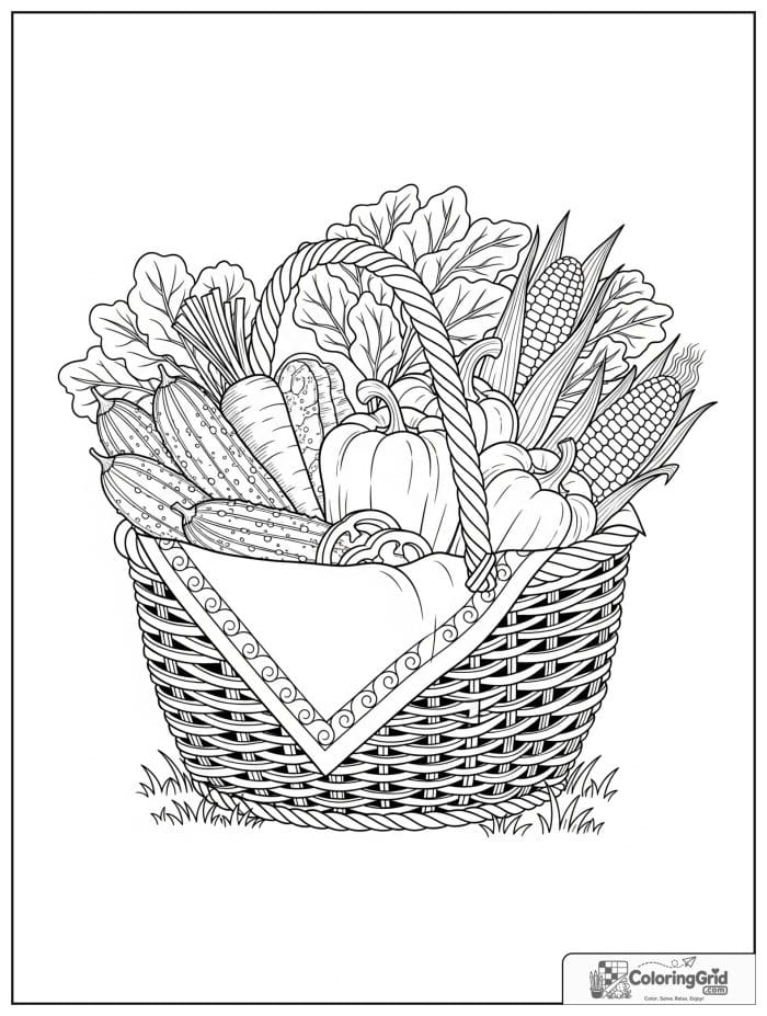 Vegetable coloring page featuring a picnic basket full of vegetables.