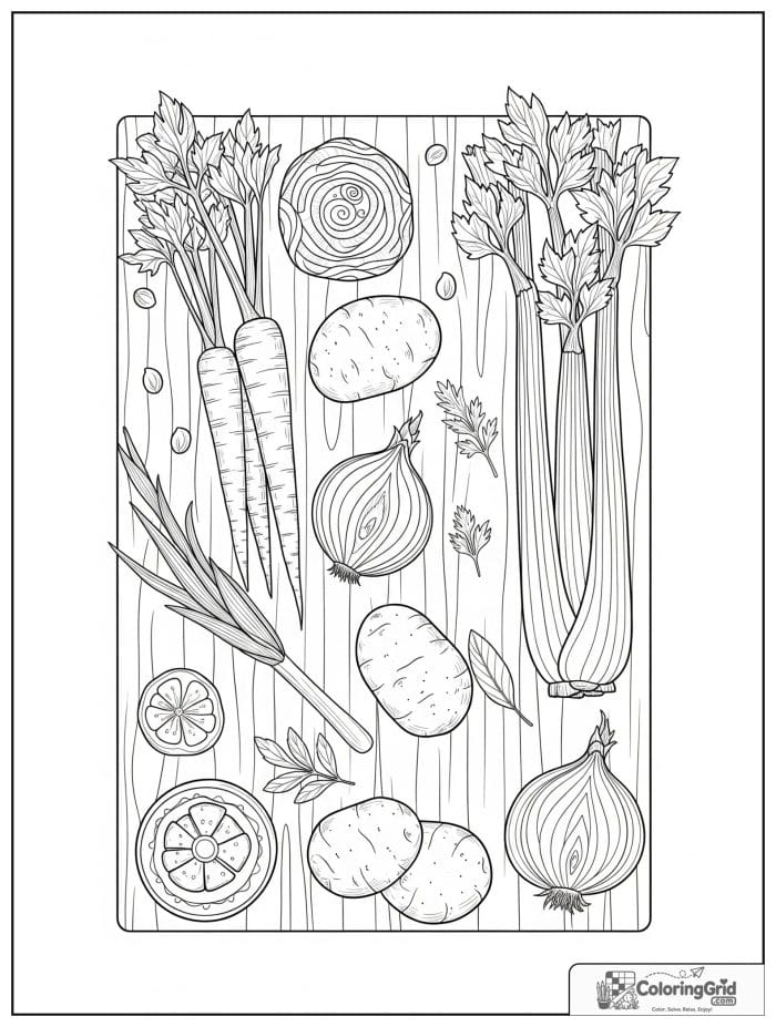 Vegetable coloring page featuring soup ingredients laid out together.