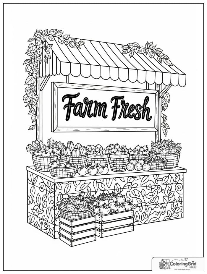 Vegetable coloring page featuring a farm fresh vegetable stall.